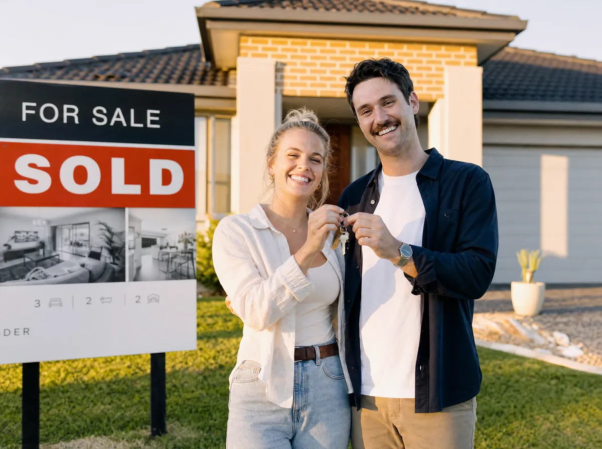 A young Australian couple holding the keys outside their first home